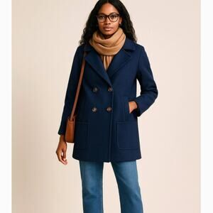 GAP Womans S Wool Blend Pea Coat Patch Pockets Double Breasted Jacket Navy Blue